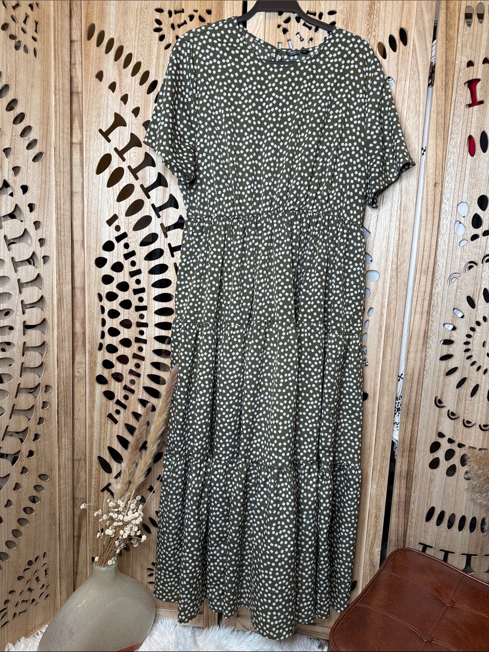 SHEIN Olive Green White Polka Dot Tiered Maxi Dress